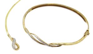 9ct gold diamond set crossover hinged bangle, and similar pendant necklace,