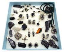 Collection of jet and silver mounted jet jewellery including marcasite and jet earrings and rings,