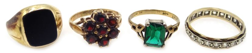 Gold garnet cluster ring, gold onyx ring and two others, hallmarked,