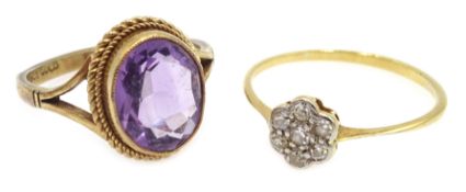 18ct gold (tested) diamond flower cluster ring and an amethyst gold ring stamped 9ct