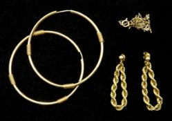 Pair of gold hoop earrings, pair of gold rope twist hoop earrings and a gold chain,