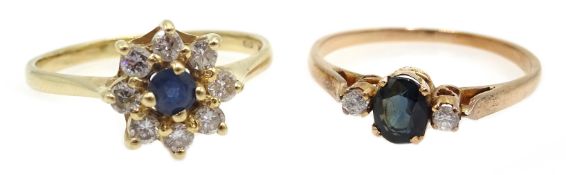 14ct rose gold (tested) three stone sapphire ring and 14ct gold sapphire cluster ring,