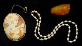 Gold mounted cameo brooch depicting portrait of a lady, stamped 9ct, Gold and pearl necklace,