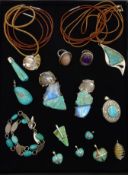 Silver moonstone, turquoise and ammonite pendants, silver turquoise and stone set jewellery,