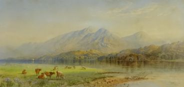 Cornelius Pearson (British 1805-1891): Cattle Grazing by the Waterside with Snowden in the Distance,