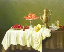 Gregori (Lysechko) Lyssetchko (Russian 1939-): Still Life of Cherries Lemon and Coffee Pot,