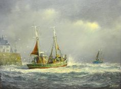 Jack Rigg (British 1927-): 'Northern Waters' - Scarborough Trawler 'Caroline SH129' leaving Harbour,