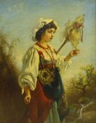 Anton Romako (Austrian 1832-1889): Country Girls Teasing Wool and Holding a Flower,