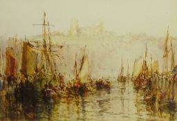 Stephen Frank Wasley (British 1848-1934): Fishing Boats at Dock End Whitby with the Abbey in the