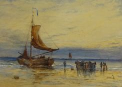 Adolphe Ragon (British 1847-1924) Gathering on the Beach, watercolour signed 17cm .