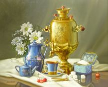 Gregori (Lysechko) Lyssetchko (Russian 1939-): Still Life of Brass Samovar and Tea Set,