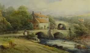 Frederick William Booty (British 1840-1924): Figures Fishing off a Rural Bridge,