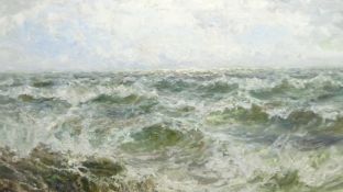 John Falconer Slater (British 1857-1937): Seascape with Rocks in the Foreground,