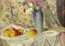 A C Langhorne (British mid 20th century): Still Life of Apples and Vase of Flowers,