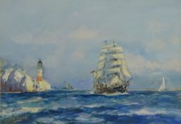 Frank Henry Mason (Staithes Group 1875-1965): Tall Ship and Pilot Boat off the Needles' Lighthouse,