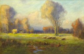 E Heslewood (British, 20th Century): Sheep Grazing in Evening Sunlight,