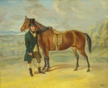 Manner of Harry Hall (British 1814-1882): Study of a Hunter and his Owner in Landscape setting,