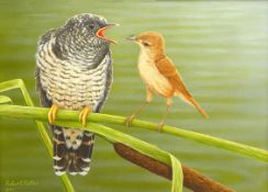 Robert E Fuller (British 1972-): 'Reed Warbler and Cuckoo', oil on board signed and dated 2014,