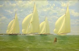 Michael J Whitehand (British 1941-): 'Velsheda Shamrock and Candida Racing in the Solent in a Light