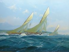 Michael J Whitehand (British 1941-): Big Class Yachts Racing off the Coast,