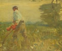 Attrib. Harry Becker (British 1865-1928): Man using a Scythe, oil on canvas-board