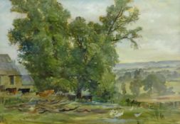 Charles Ernest Cundall (British 1890-1971): 'English Farmyard', oil on paper unsigned late 1960s,
