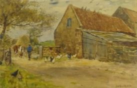 James William Booth (Staithes Group 1867-1953): Farmyard with Cattle and Hens,
