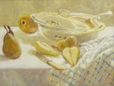Catherine Tyler (British 1949-): 'Pears and Tureen' still life, oil on board signed and dated '92,