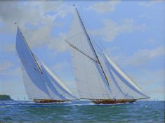 George Drury (British 1950-) 'Lulworth and Britannia Racing off Cowes', oil on canvas signed,