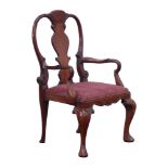 Queen Anne style child's mahogany armchair, vase shaped splat back, drop in upholstered seat,