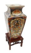 Japanese Meiji period Imari square section vase on hardwood stand, H30.