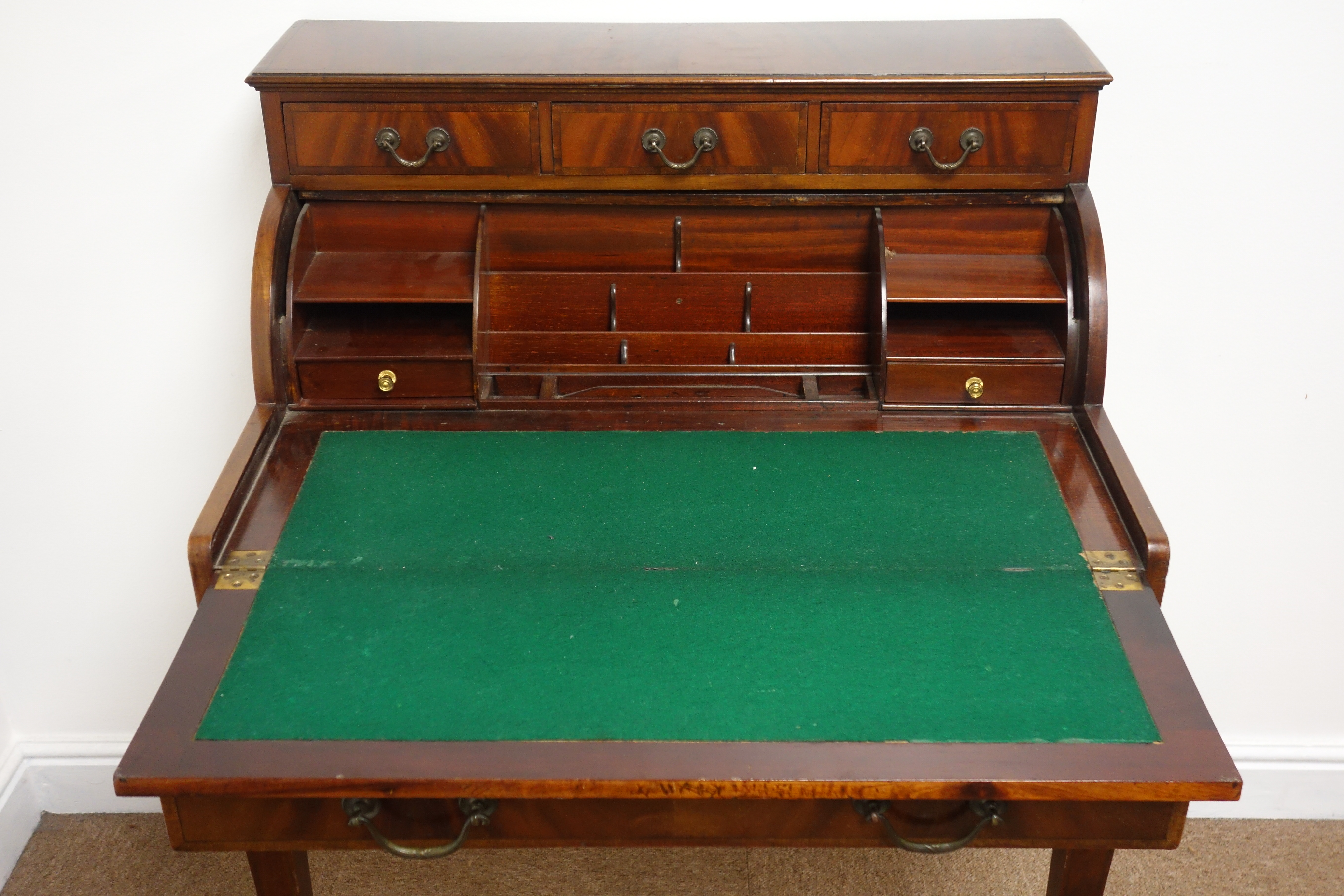 Edwardian mahogany cylinder front writing desk with three drawers, - Image 6 of 8