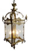 20th century brass three light hall lantern,