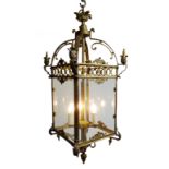 20th century brass three light hall lantern,