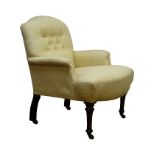 19th century upholstered drawing room chair, buttoned arched back,