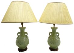 Pair 20th century Chinese Celadon baluster table lamps,