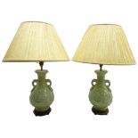 Pair 20th century Chinese Celadon baluster table lamps,