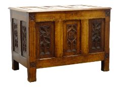 19th century oak coffer with triple panelled hinged lid,