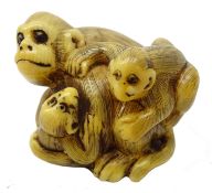 Japanese Meiji ivory Okimono carved as a family of Monkeys, signature to base,