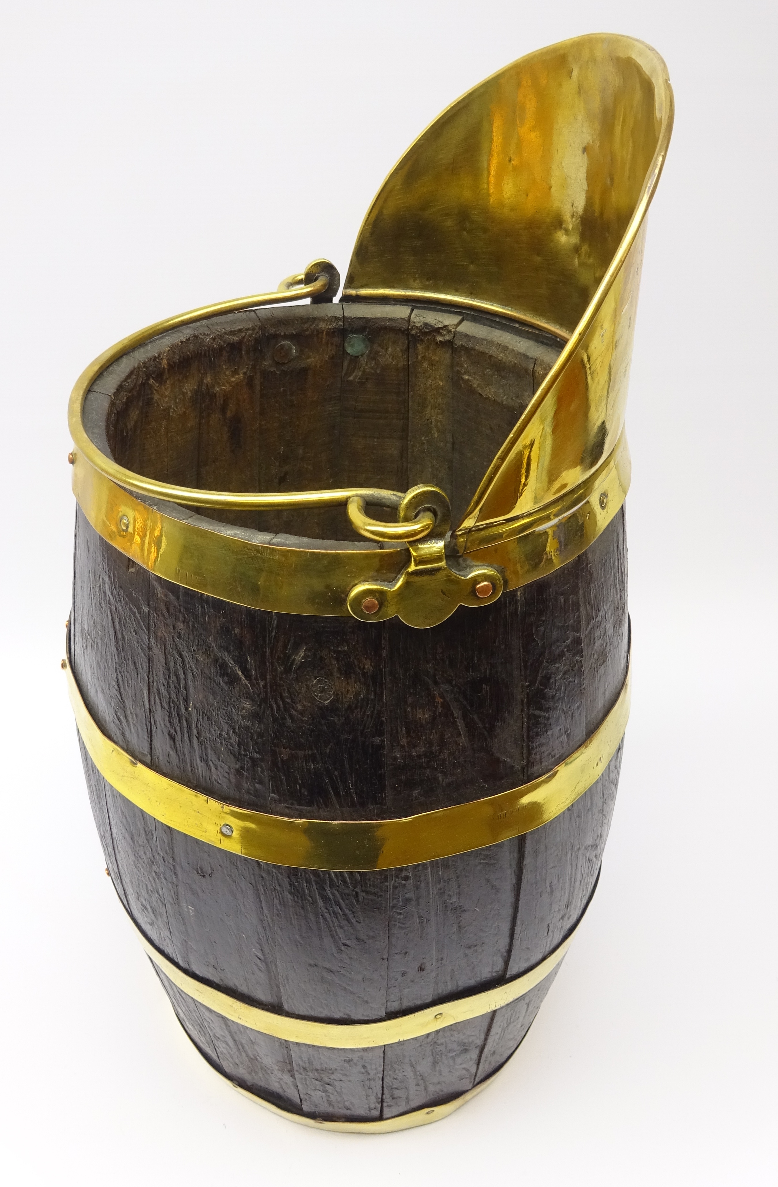 Early 20th century brass coopered oak coal barrel with brass swing handle and spout, - Image 2 of 3