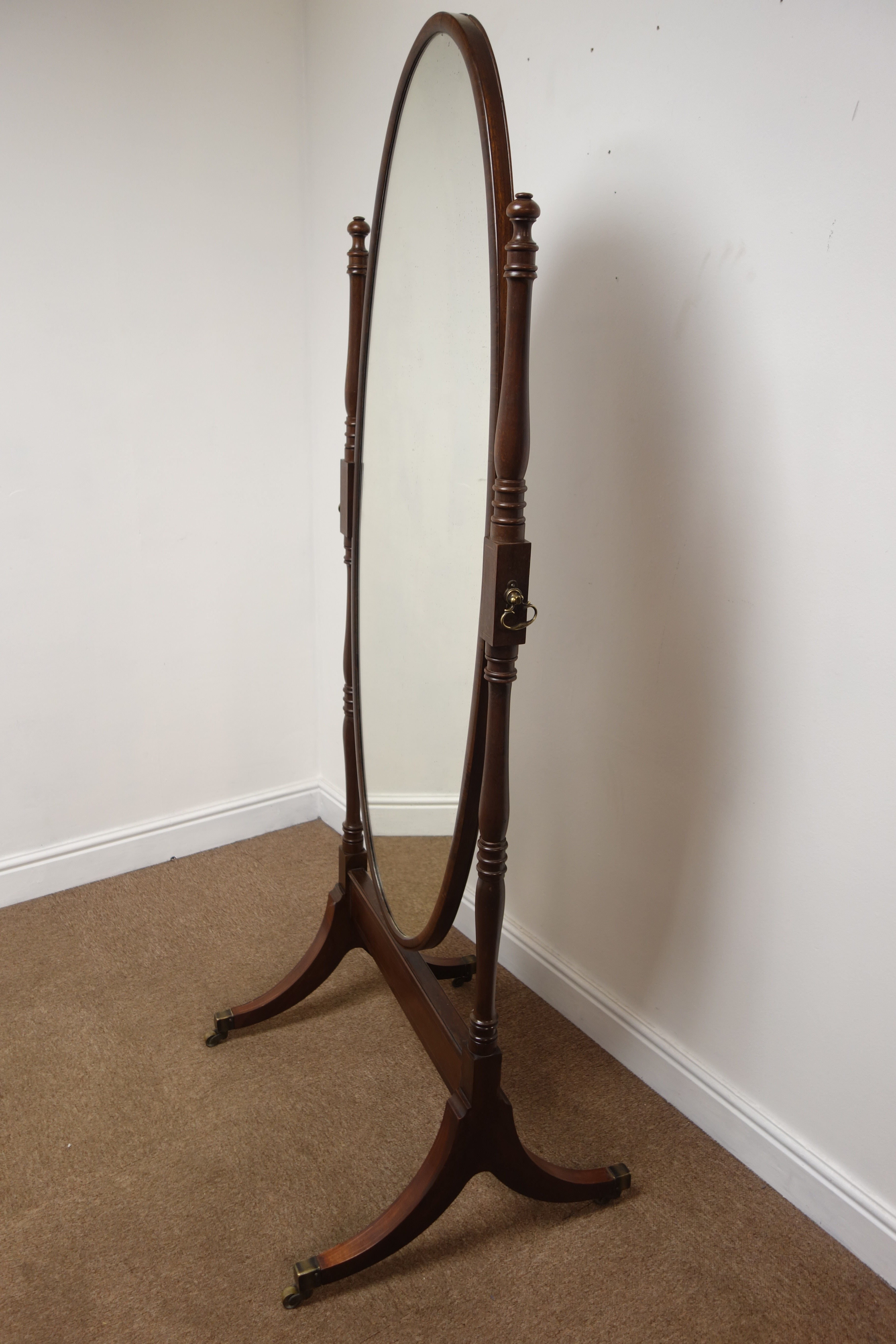 Edwardian inlaid mahogany Cheval mirror, with oval plate on ring turned supports, - Image 4 of 6