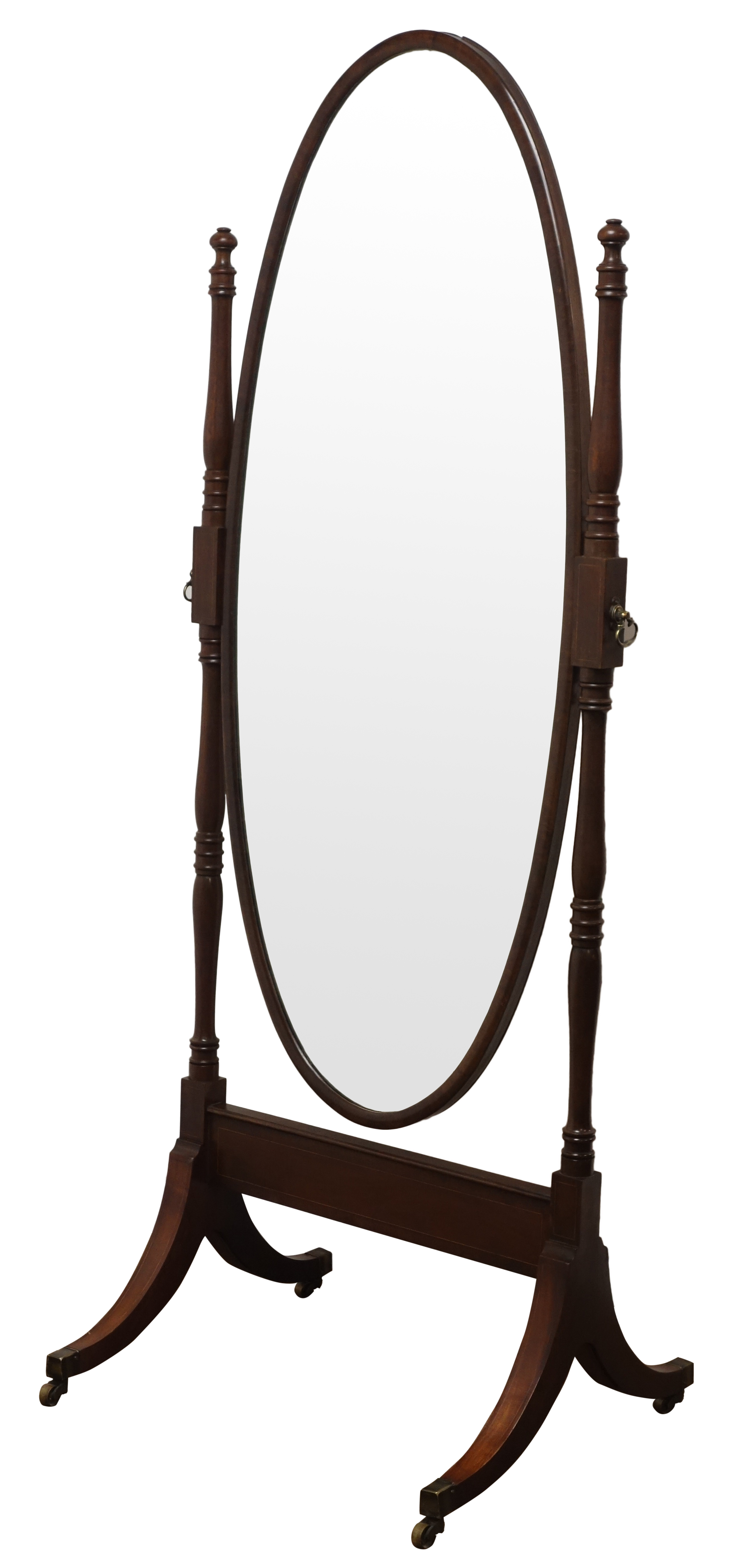 Edwardian inlaid mahogany Cheval mirror, with oval plate on ring turned supports,
