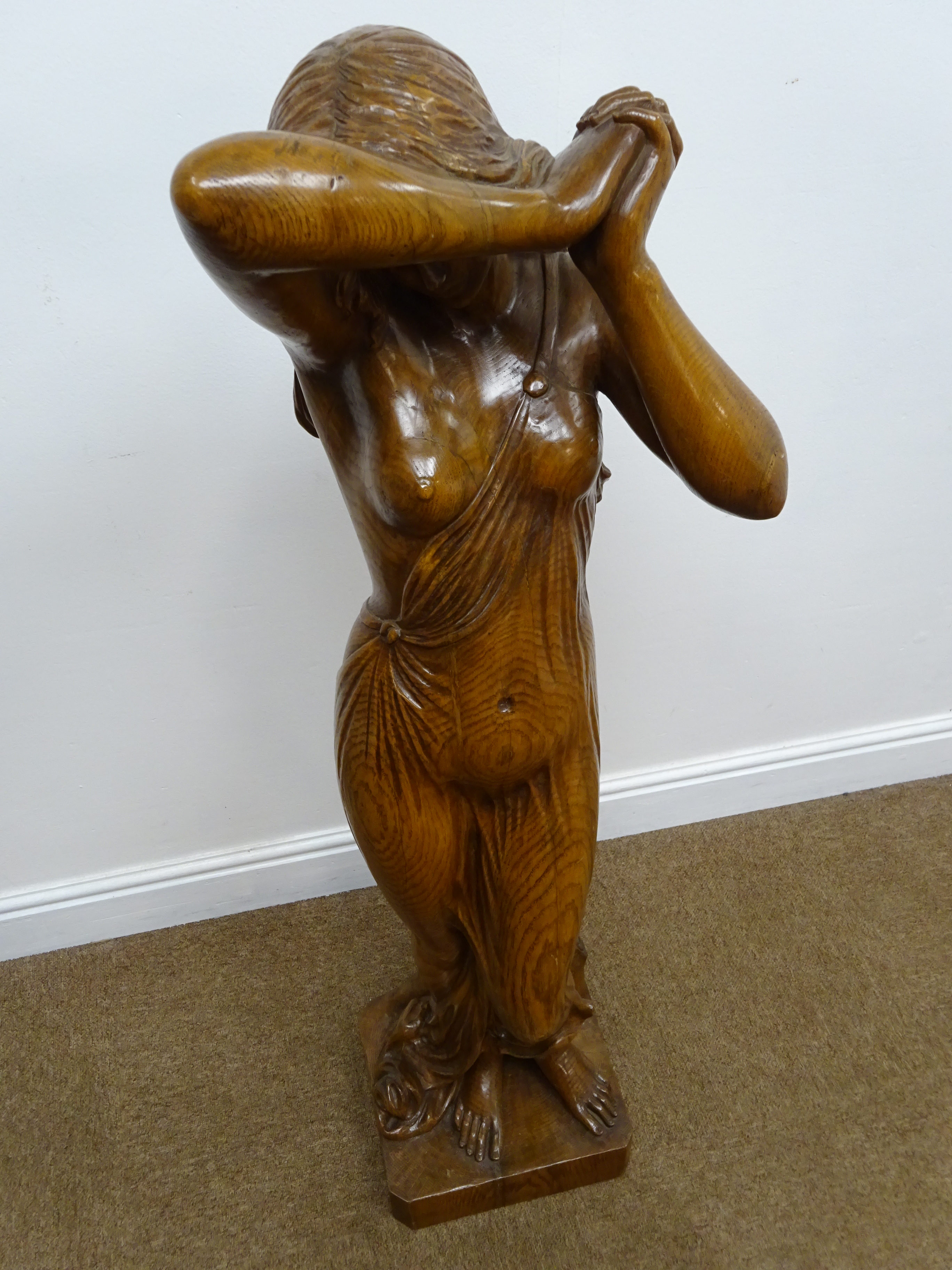Large carved figured oak model of a diaphanously draped young woman, - Image 2 of 7