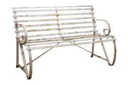White painted wrought iron garden seat with slat back and scrolled arms, W122cm, H79cm,