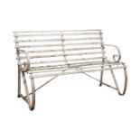 White painted wrought iron garden seat with slat back and scrolled arms, W122cm, H79cm,