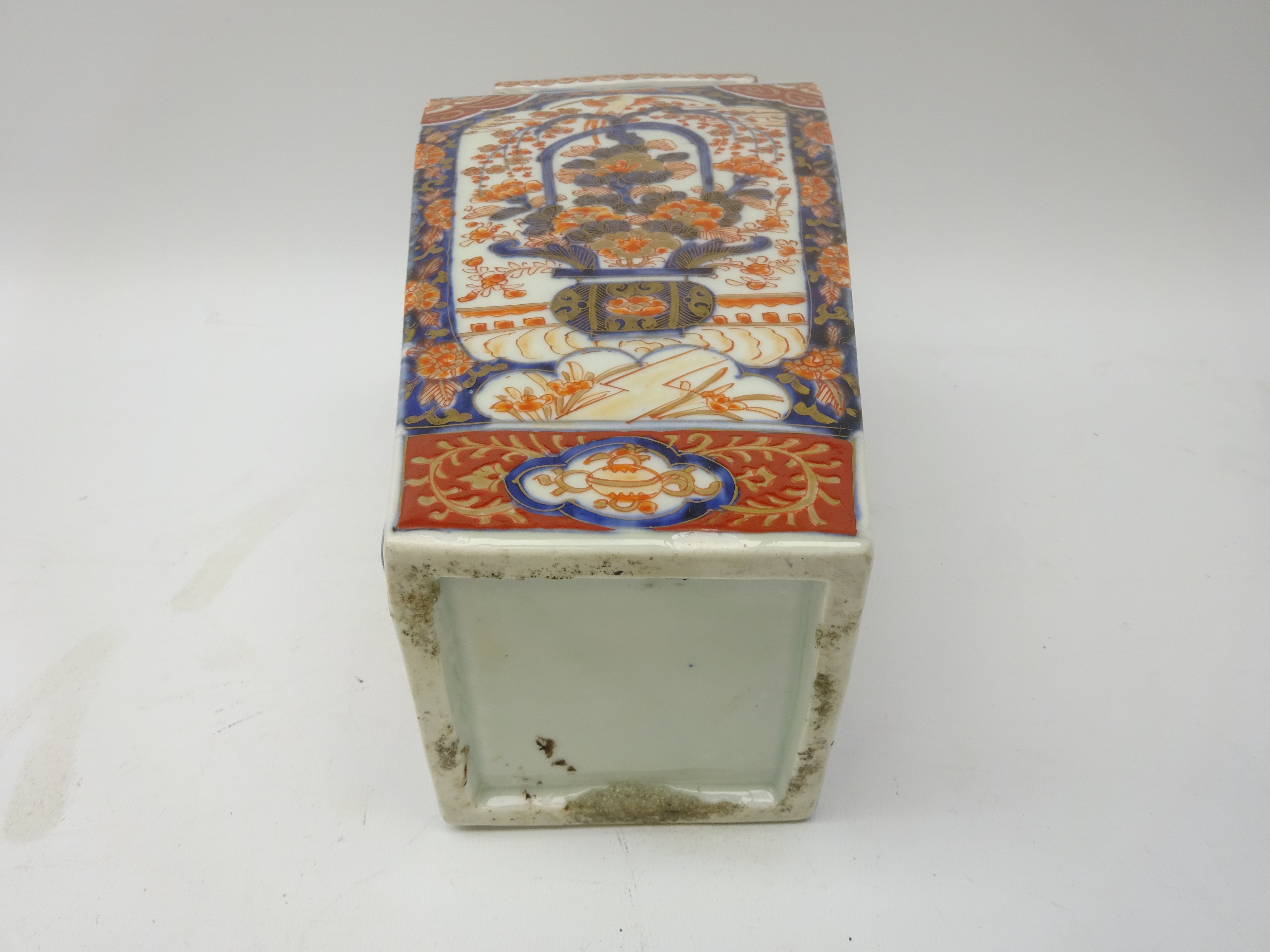 Japanese Meiji period Imari square section vase on hardwood stand, H30. - Image 5 of 5