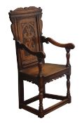 Oak Wainscot type chair, carved panel back,