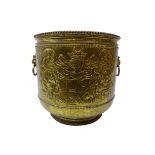 20th century brass repousse coal bucket, decorated with knights order coat of arms and leaf scrolls,