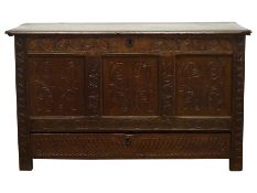 18th century oak mule chest, hinged moulded top above three panel front and drawer,