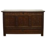 18th century oak mule chest, hinged moulded top above three panel front and drawer,